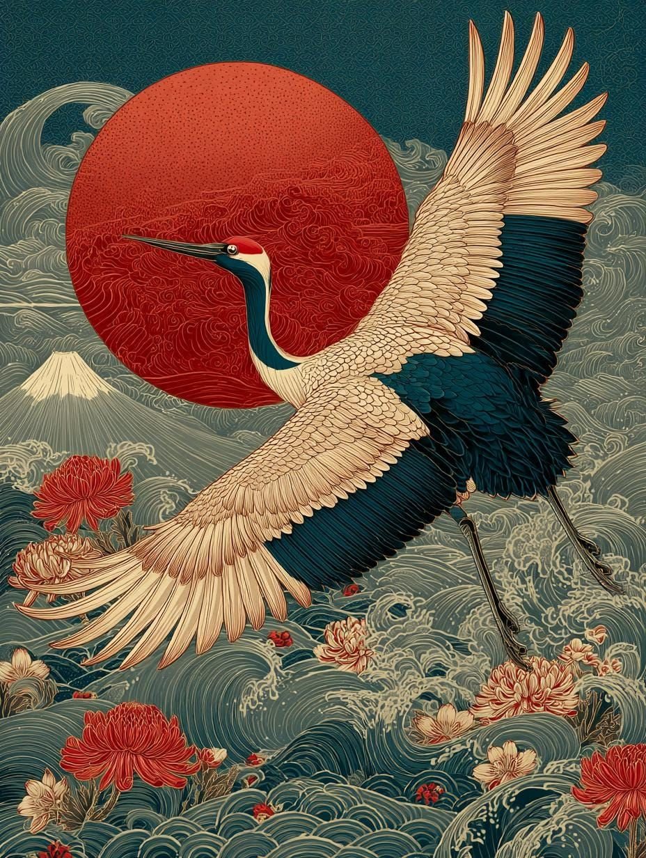 A crane crossing a red sun - ukiyo-e style artwork