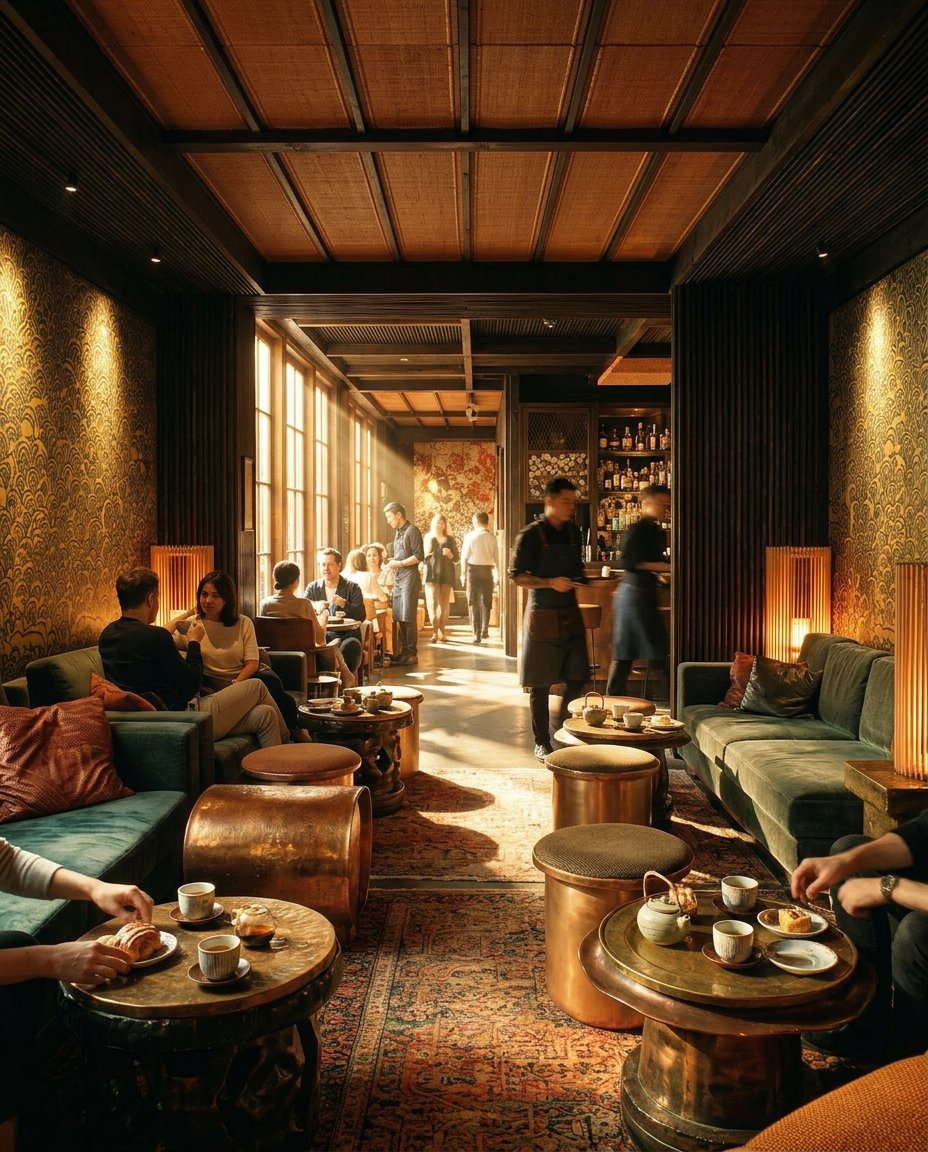 The room in daylight - guests, warm light, the bar beyond