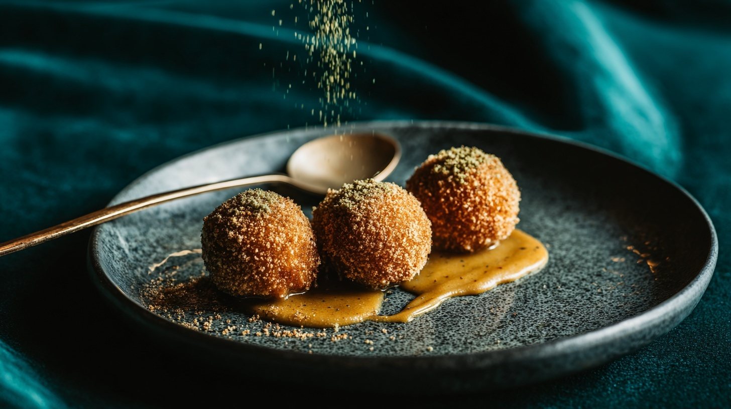 Sesame-crusted dumplings under teal light